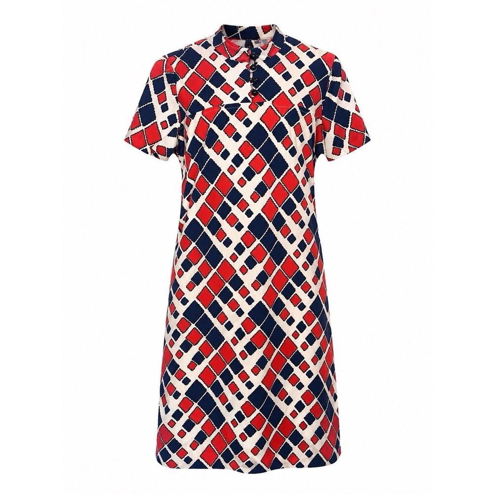 Vintage Handmade Mod Shift Dress Geometric Red Blue Polyester Retro Women’s
